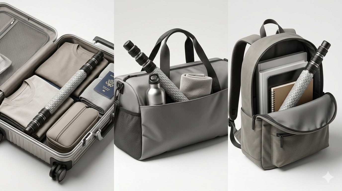 RUYI collapsed to 18.9 inches — fits in a suitcase, gym bag, and backpack